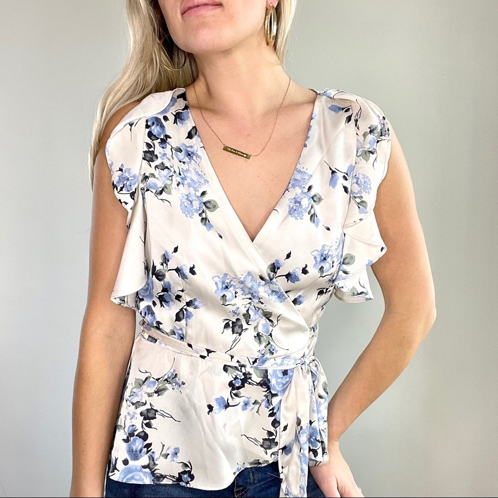 If By Sea Cream & Blue Floral Wrap Blouse New Tags